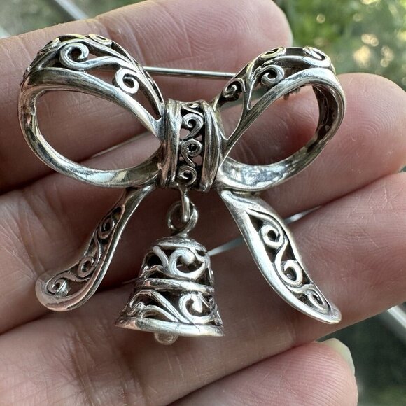 VTG 925 Sterling Silver Bow Tied Ribbon Bell Brooch Pin Filigree Cutouts 8.7g - Picture 1 of 8